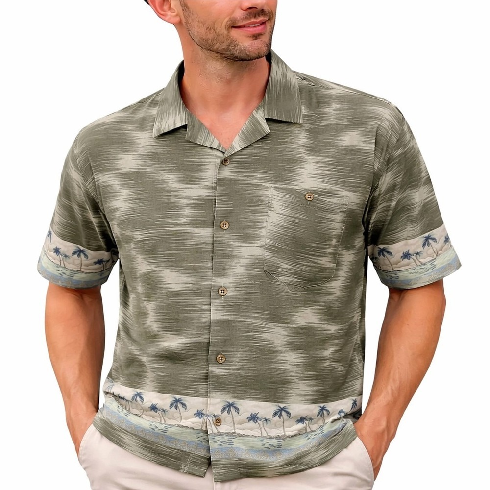Hilo Hattie Hawaiian Aloha Shirt XL Palms Sunset Frame Olive-Green Tan
